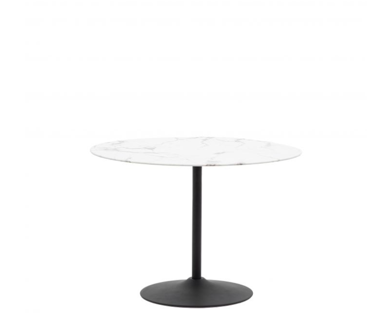 Fulton Modern Round Dining Table, White Marble, Black Metal