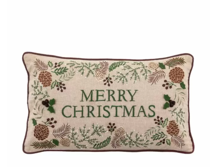 Embroidered Linen Merry Christmas Cushion