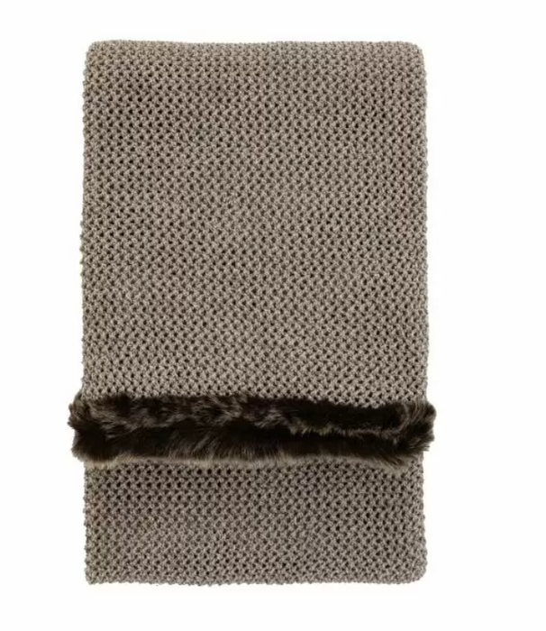 Softly Knitted Throw with Faux Fur Trim in Brown