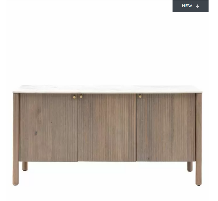 Modern Natural Ribbed Wood & White Marble 3 Door Sideboard