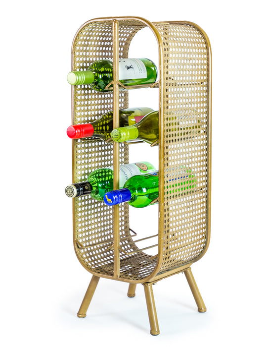 Rustic Wine Bottle Rack, Small 8 Bottle Wine Cabinet, Metal Rattan, Gold