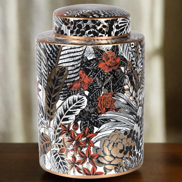 Helmsley Ceramic Lidded Jar, Feather & Leaf Design Print ( Due Back In 21/10/2024 )