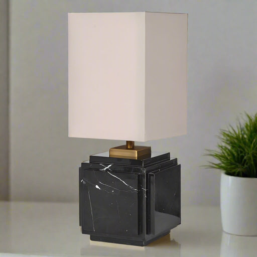 Black Marble Square Base Lamp with Linen Shade – 37cm