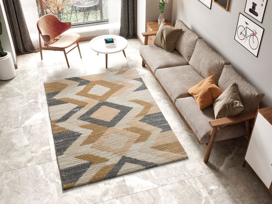 Enya Soft Shaggy Geometrical Beige & Grey Indoor Floor Living Room Rug