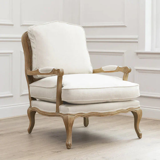 Vintage Oak Wood Armchair – Natural Finish & Cotton Linen Upholstery  