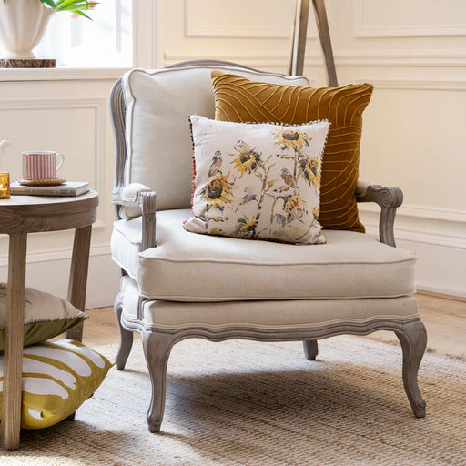 Classic Stone Wood Armchair – Elegant Finish & CottonLinen Upholstery  