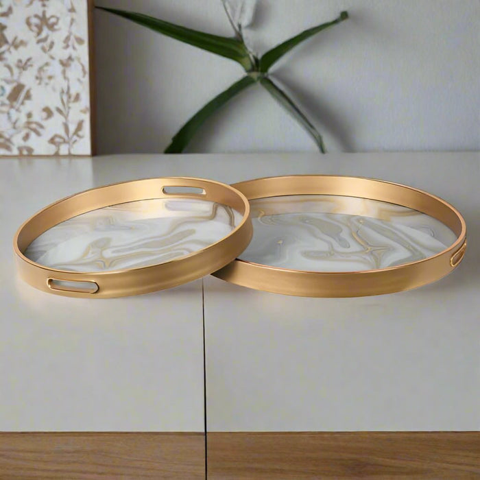 Gold Swirl Round Trays - Marble Effect with Gold Rim - Set of 2