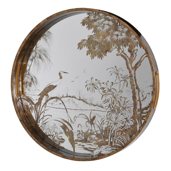 Antique Gold Round Decorative Tray with Nature Scene - 36cm