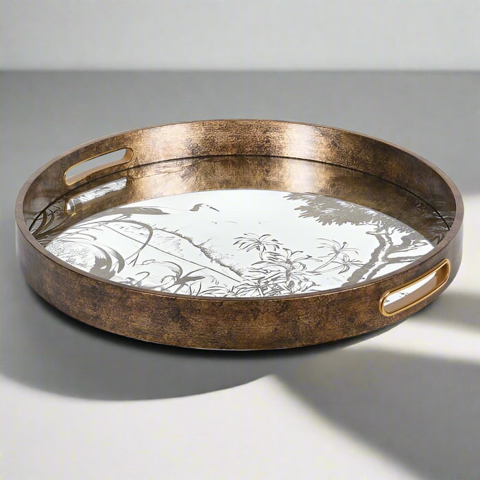 Antique Gold Round Decorative Tray with Nature Scene - 36cm