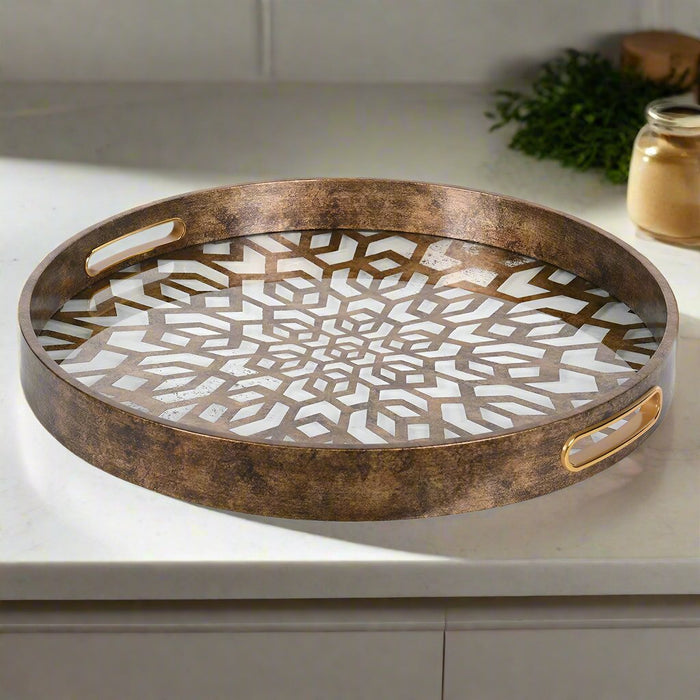 Geometric Gold Moroccan Style Decorative Tray - 36cm