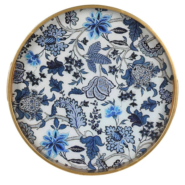 Round Blue Chinoiserie Floral Decorative Tray with Gold Rim - 36cm