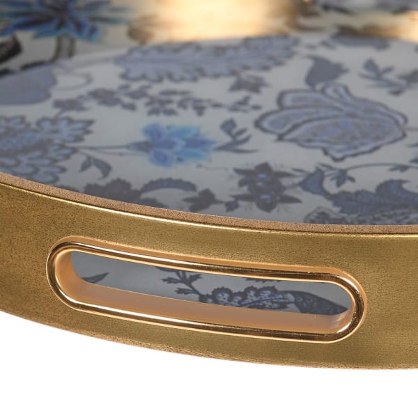 Round Blue Chinoiserie Floral Decorative Tray with Gold Rim - 36cm