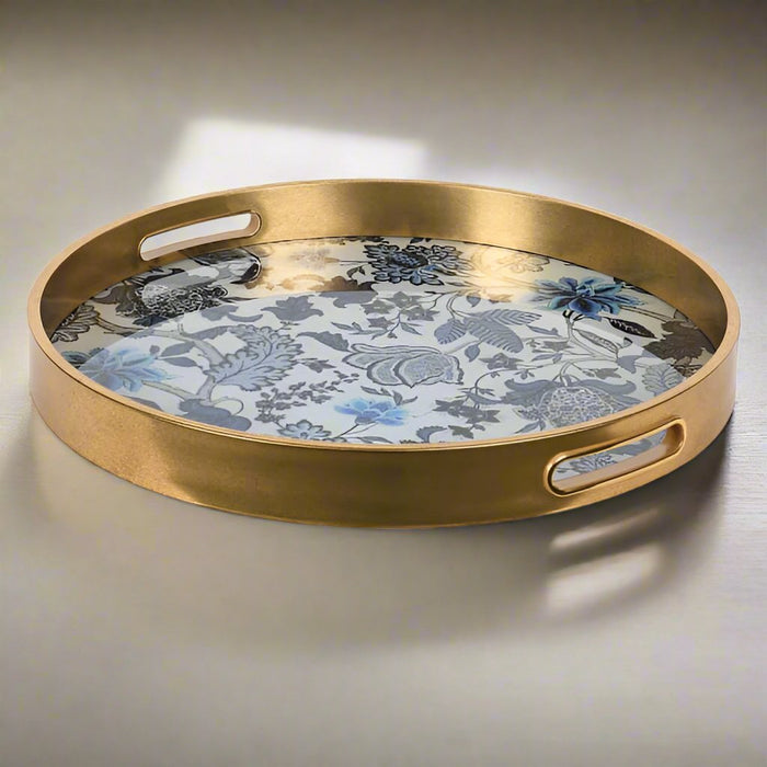 Round Blue Chinoiserie Floral Decorative Tray with Gold Rim - 36cm