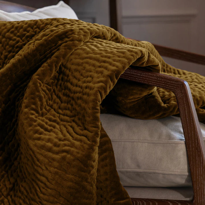 Haze Velvet Quilted Throw, Stripe, Mustard, Yellow