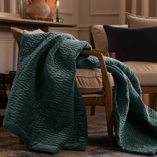 Haze Velvet Quilted Throw, Stripe, Ocean Blue