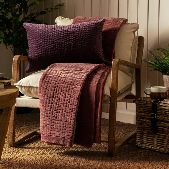 Haze Velvet Quilted Throw, Stripe, Red, Persimmon