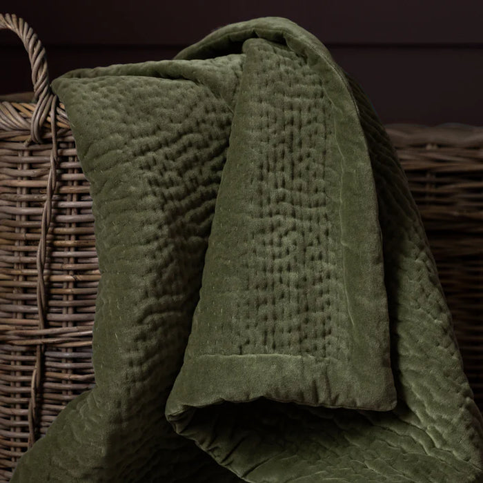 Haze Velvet Quilted Throw, Stripe, Sage, Green