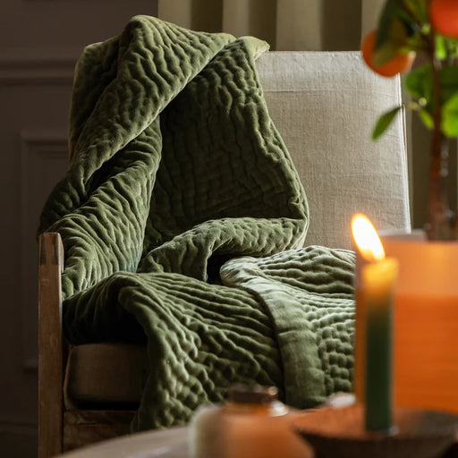 Haze Velvet Quilted Throw, Stripe, Sage, Green