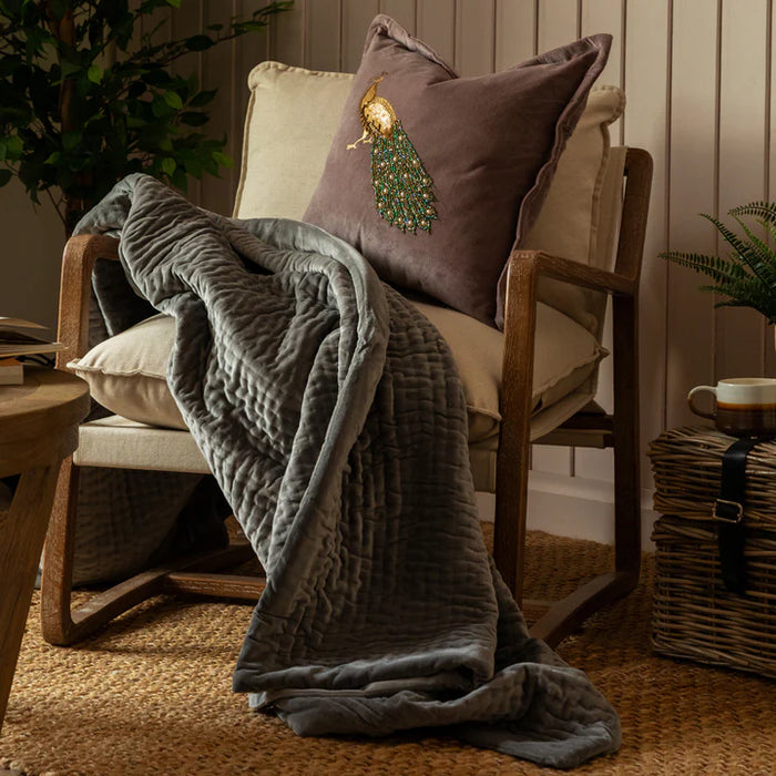 Haze Velvet Quilted Throw, Stripe, Grey, Steel