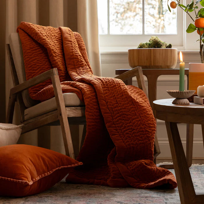 Haze Velvet Quilted Throw, Stripe, Orange, Sunset