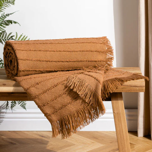 Hazie Woven Fringed Throw, Stripe, Brown, Cinnamon