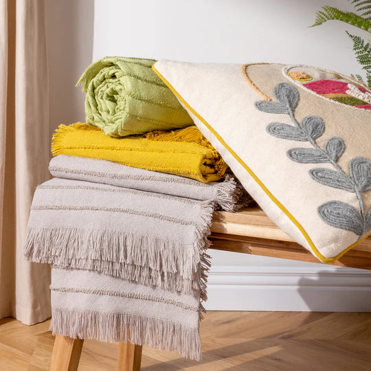 Hazie Woven Fringed Throw, Stripe, Green, Pistachio