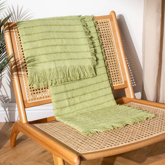 Hazie Woven Fringed Throw, Stripe, Green, Pistachio