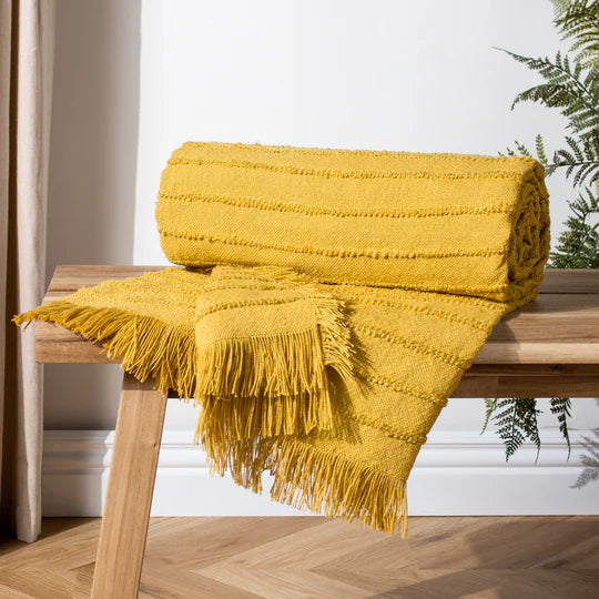 Hazie Woven Fringed Throw, Stripe, Yellow, Pomelo