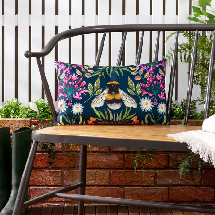 Waterproof Outdoor Cushion, House of Bloom Zinnia Bee Rectangular Design, Navy