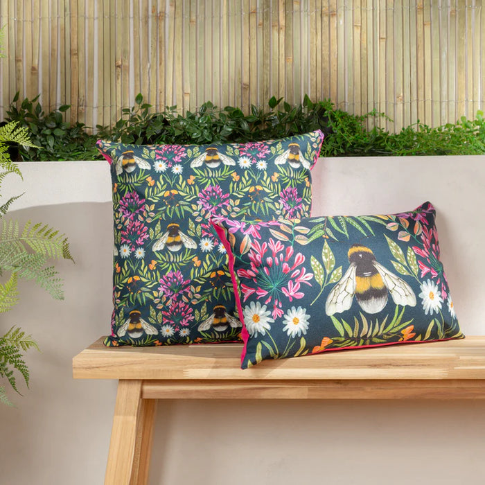 Waterproof Outdoor Cushion, House of Bloom Zinnia Bee Design, Navy