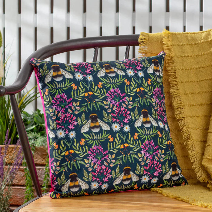 Waterproof Outdoor Cushion, House of Bloom Zinnia Bee Design, Navy