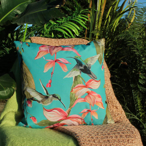 Waterproof Outdoor Cushion, Hummingbird Design, Blue