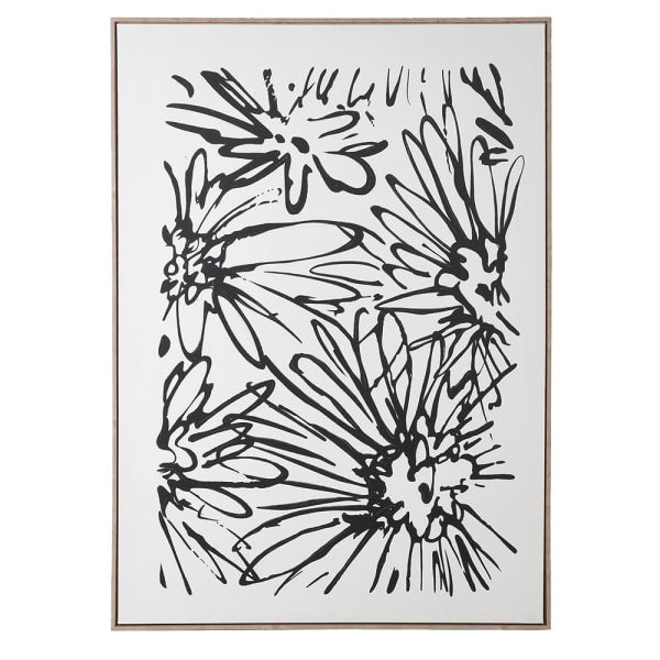 Black & White Floral Canvas Artwork with Pine Frame – 140 x 100 cm