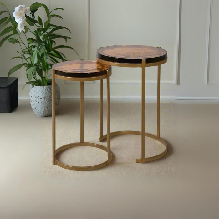 Amber Glass Nesting Side Tables – Gold Iron Frame with Glass Top - Set of 2