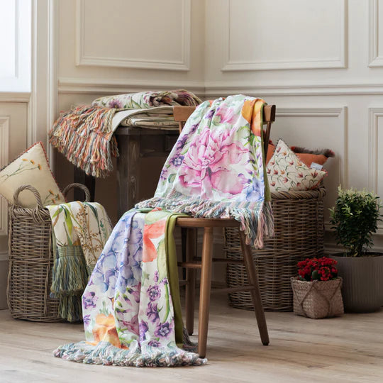 Idalia Printed Fringe Throw, Floral, Fuschia, Multicoloured