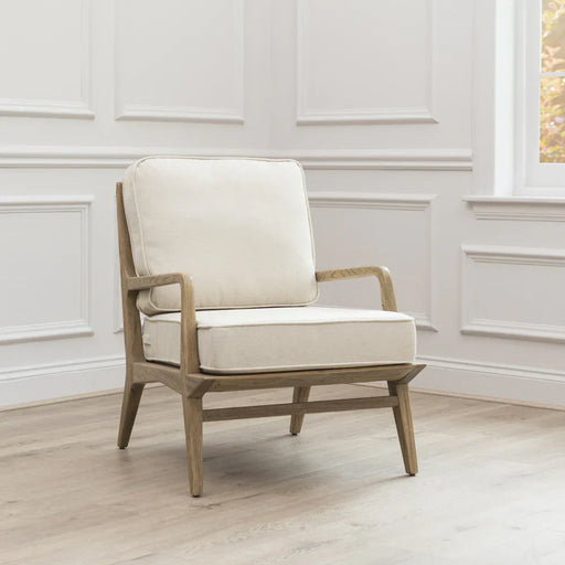 Contemporary Light Wood Armchair – Cotton Linen Upholstery & Warm Finish  