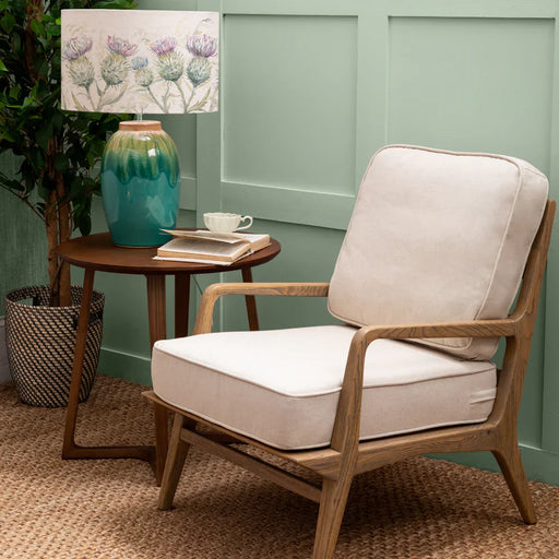 Contemporary Light Wood Armchair – Cotton Linen Upholstery & Warm Finish  