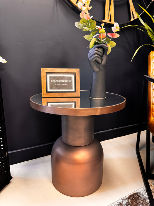 Large Bronze Metal Frame Round Side Table with Mirrored Top