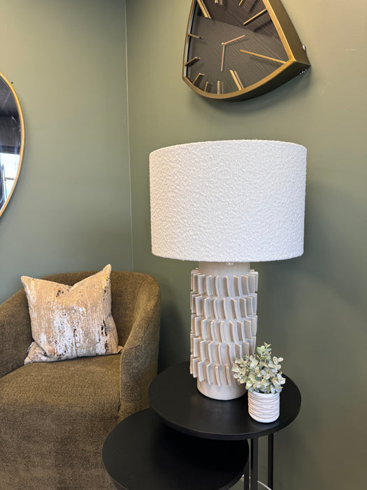 Textured Ceramic Table Lamp with White Boucle Shade - 62 cm