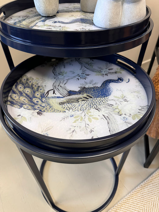 Laura Ashley Side Tables, Belvedere Peacock Print, Black Metal Frame, Set Of 2