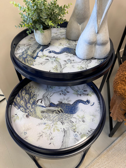 Laura Ashley Side Tables, Belvedere Peacock Print, Black Metal Frame, Set Of 2