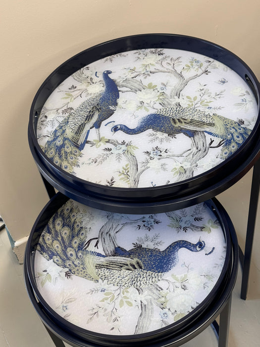 Laura Ashley Side Tables, Belvedere Peacock Print, Black Metal Frame, Set Of 2