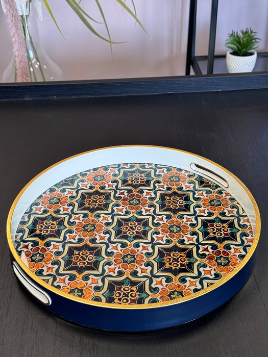 Mediterranean Mosaic Decorative Tray with Blue, Orange, Green - 36cm