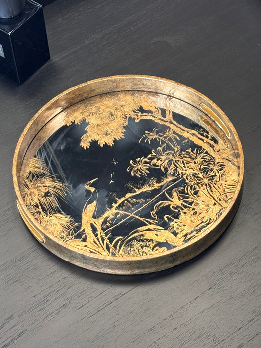 Antique Gold Round Decorative Tray with Nature Scene - 36cm