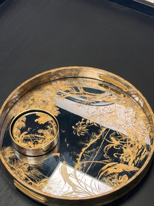 Antique Gold Round Decorative Tray with Nature Scene - 36cm