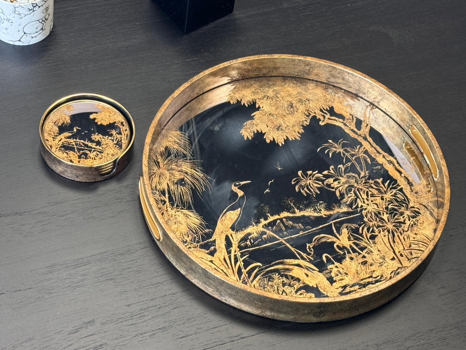 Antique Gold Round Decorative Tray with Nature Scene - 36cm