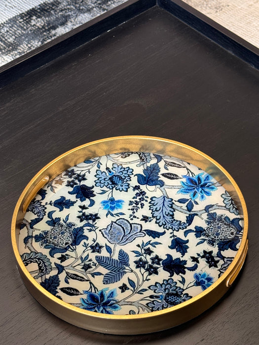 Round Blue Chinoiserie Floral Decorative Tray with Gold Rim - 36cm