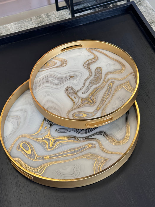 Gold Swirl Round Trays - Marble Effect with Gold Rim - Set of 2