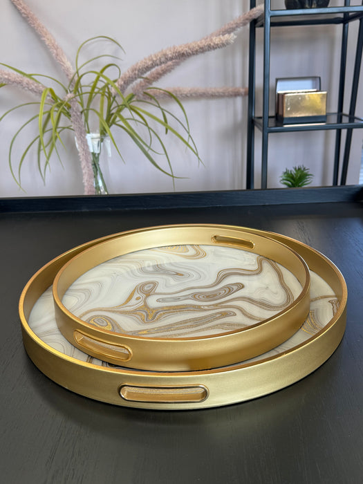 Gold Swirl Round Trays - Marble Effect with Gold Rim - Set of 2