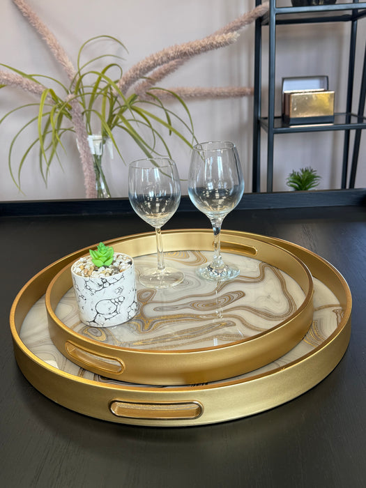 Gold Swirl Round Trays - Marble Effect with Gold Rim - Set of 2